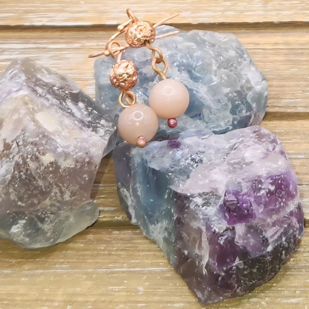 Sunstone and Copper Electroplated Lava Rock Drop Earrings - Picture 1 of 4